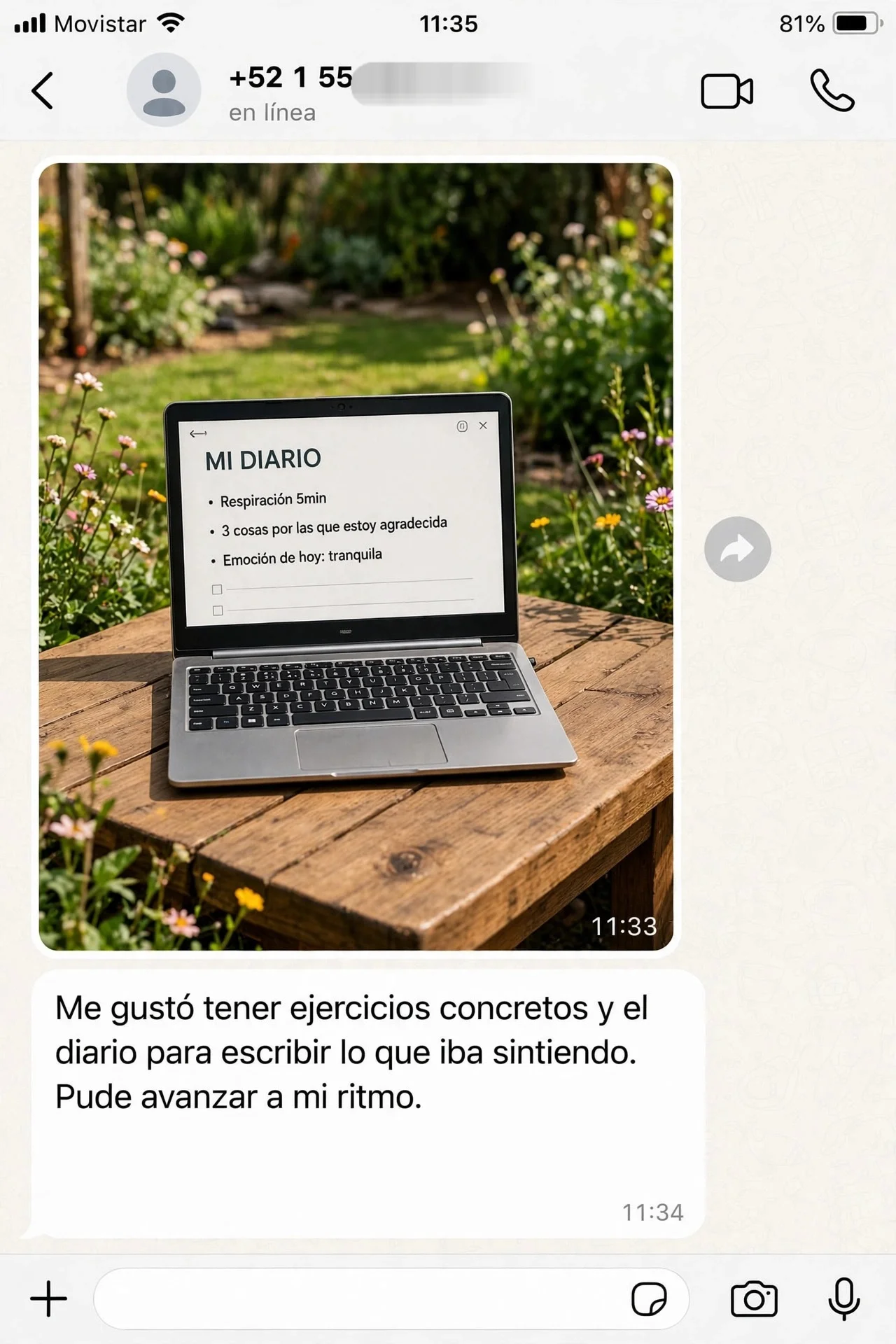 Captura de conversación de una lectora compartiendo su experiencia con la guía (testimonio 3)