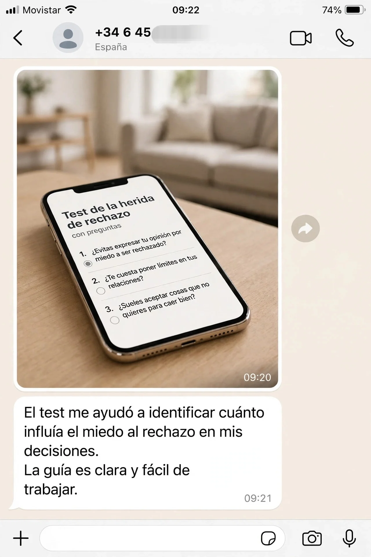 Captura de conversación de una lectora compartiendo su experiencia con la guía (testimonio 2)