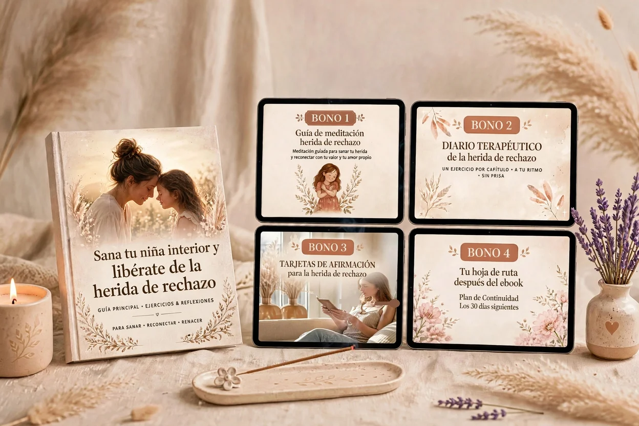 Bundle completo: libro digital Sana tu niña interior junto a los 4 bonos en tablet: meditación guiada, diario terapéutico, tarjetas de afirmación y plan de continuidad de 30 días