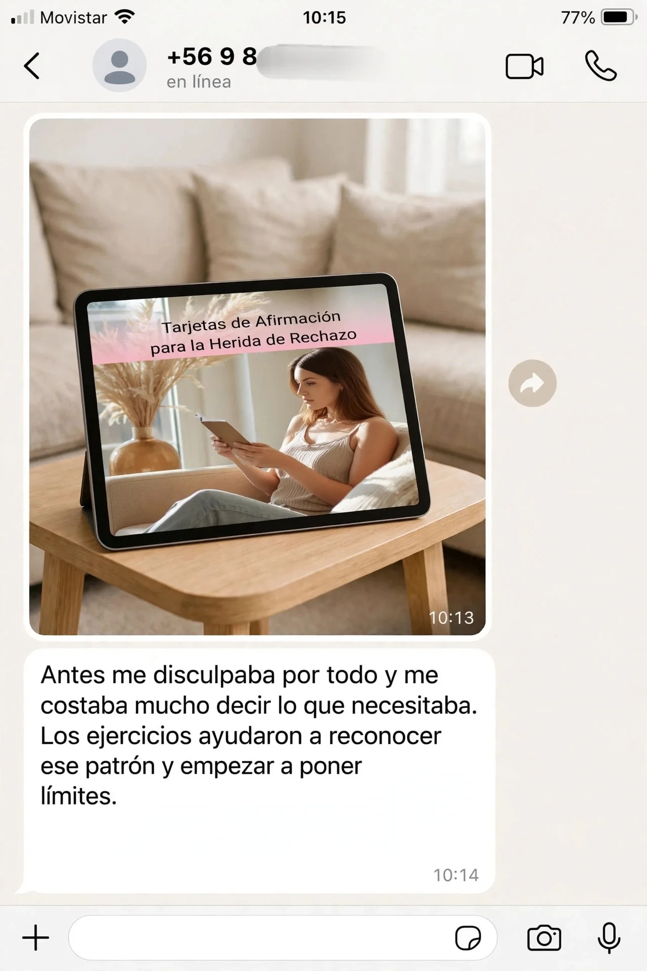 Captura de conversación de una lectora compartiendo su experiencia con la guía (testimonio 4)