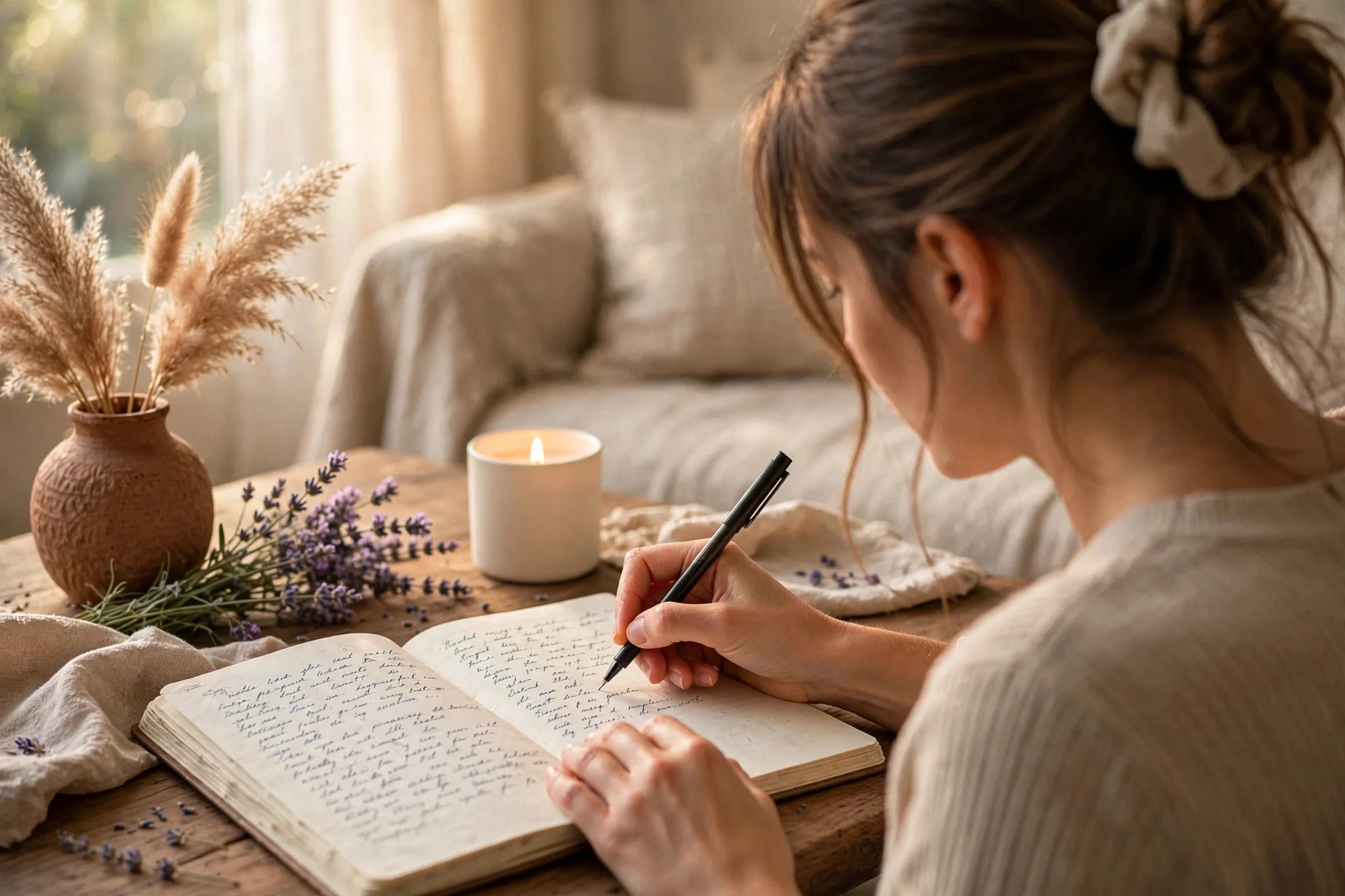 Mujer escribiendo en su diario terapéutico junto a una vela y lavanda, luz cálida