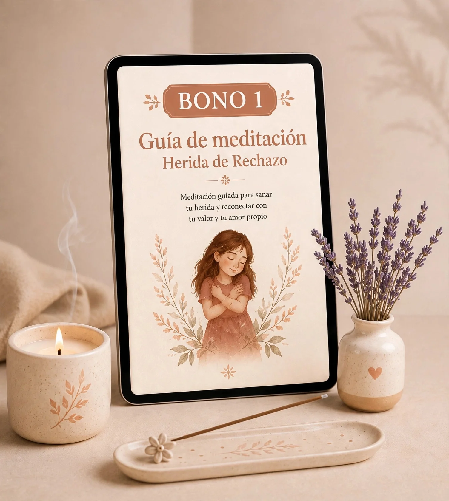 Mockup del Bono 1: Guía de meditación Herida de Rechazo en tablet