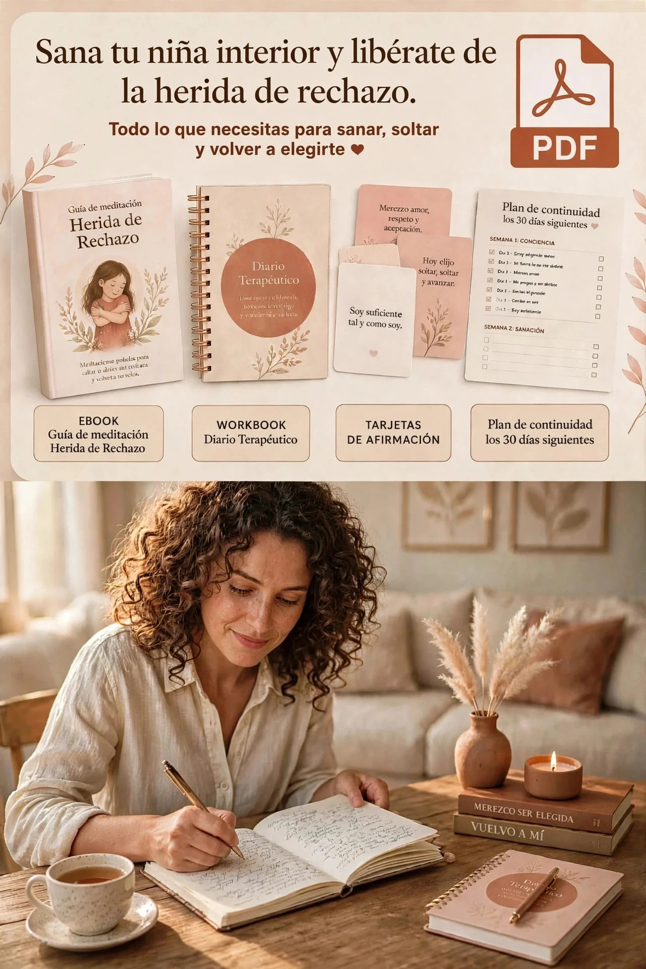 Mockup completo del bundle Sana a tu niña interior con el ebook, diario terapéutico, tarjetas de afirmación, plan de continuidad de 30 días y una mujer escribiendo en un espacio cálido