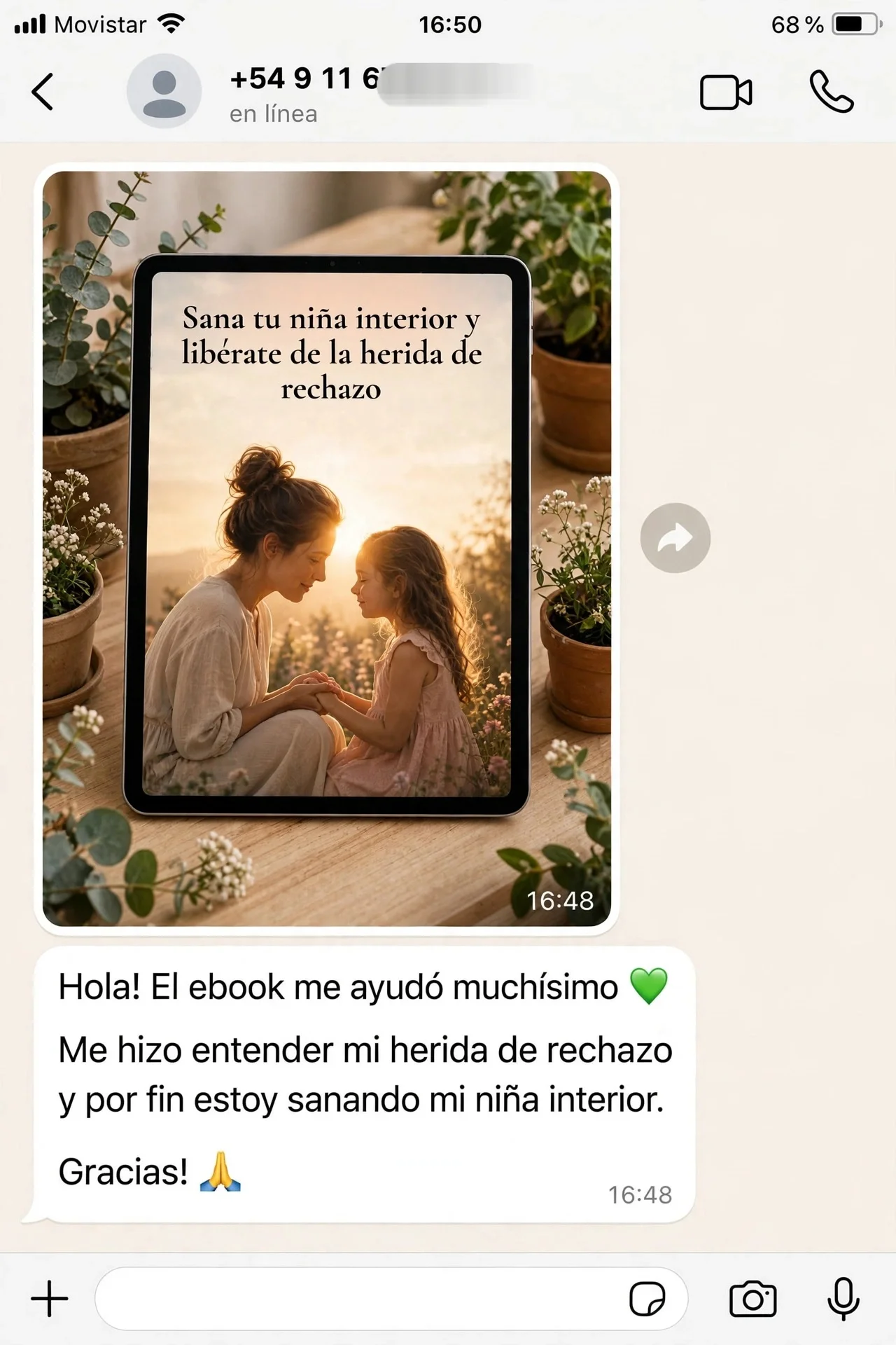 Captura de conversación de una lectora compartiendo su experiencia con la guía (testimonio 1)