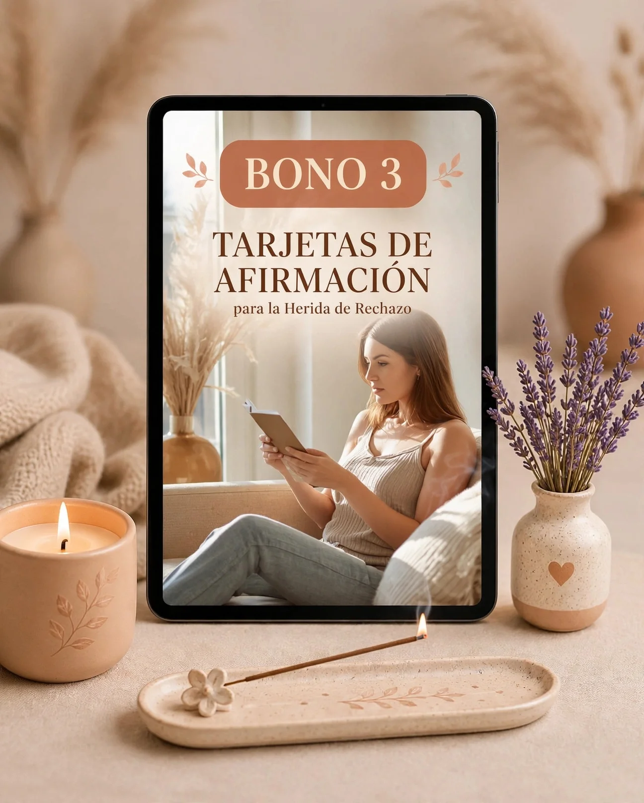 Mockup del Bono 3: Tarjetas de Afirmación para la Herida de Rechazo en tablet