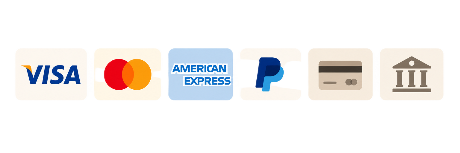 Métodos de pago aceptados: Visa, Mastercard, American Express, PayPal, tarjeta de crédito y transferencia bancaria
